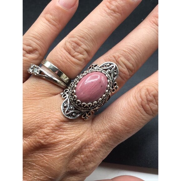 Rhodonite Ring Wide Elongated Bold Ornate Sterling Silver Setting Size 7 - Picture 6 of 8